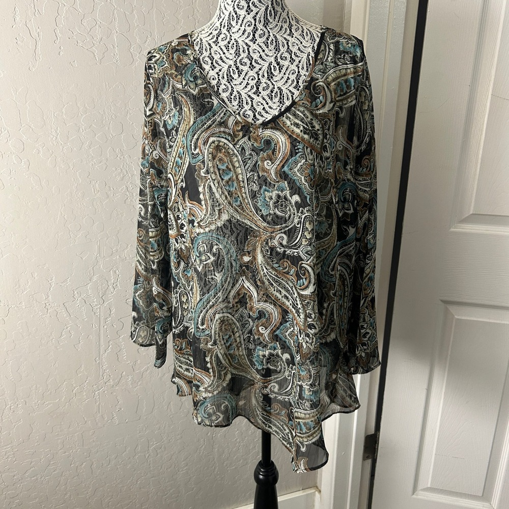 Avenue Tunic Blouse Womens 18 20 Black Paisley Plus Size Boho Flowy Sheer Top